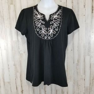 5/$25 R-Q-T Womens Top L Black Embroidered Studded Short Sleeve AY2